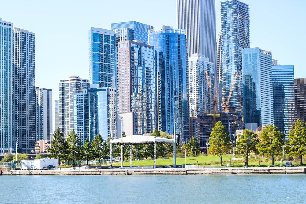 view from Navy Pier of the Chicago Skyline 